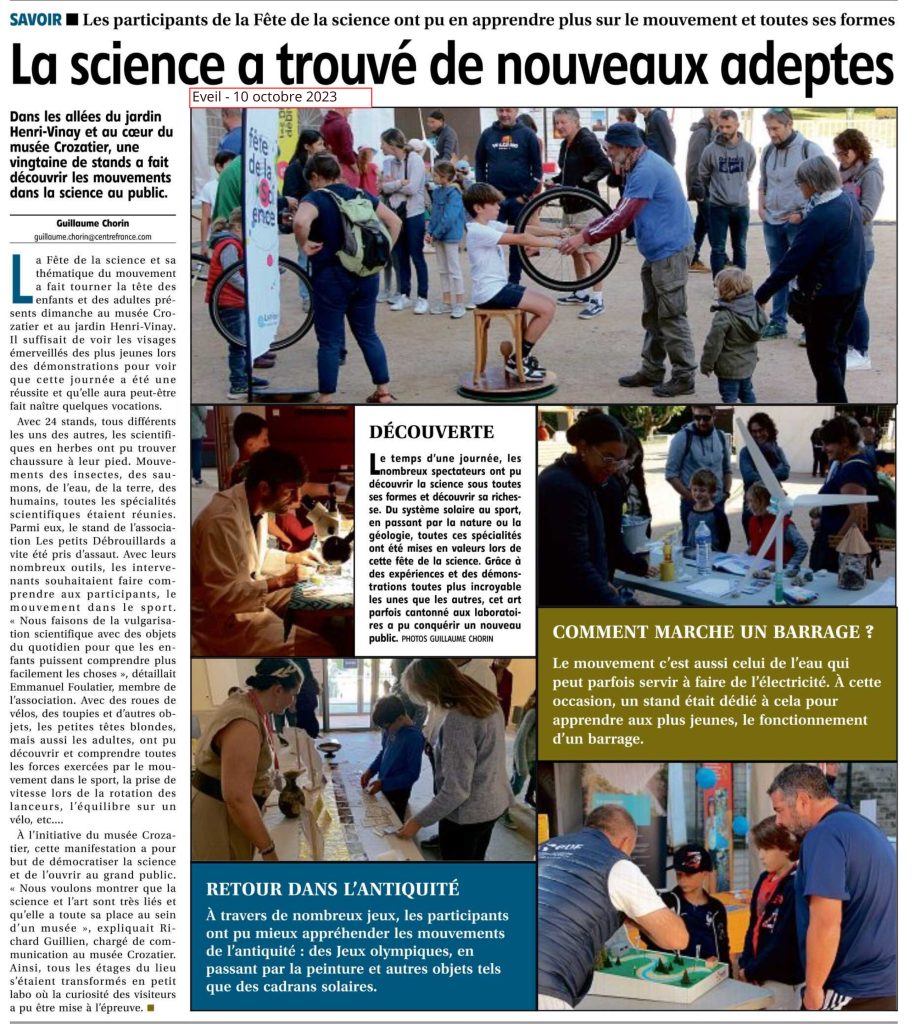 article de journal, reportage sur le fete de la science au Puy en velay, 2023